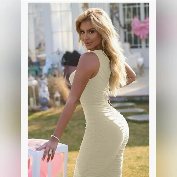 LAGSHIAN Bodycon One Shoulder Sleeveless Ruched Midi Dress #1022 NWOT - Picture 6 of 13